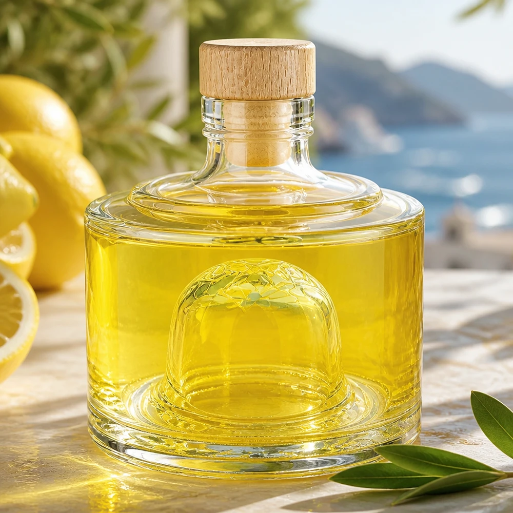 200 ml glazen fles Barbara met houten kurk met handvat UNiTWIST® 200ml Glasflasche Barbara gefüllt mit gelber Flüssigkeit Olivenöl auf Holztisch mediterrane Atmosphäre Produktansicht