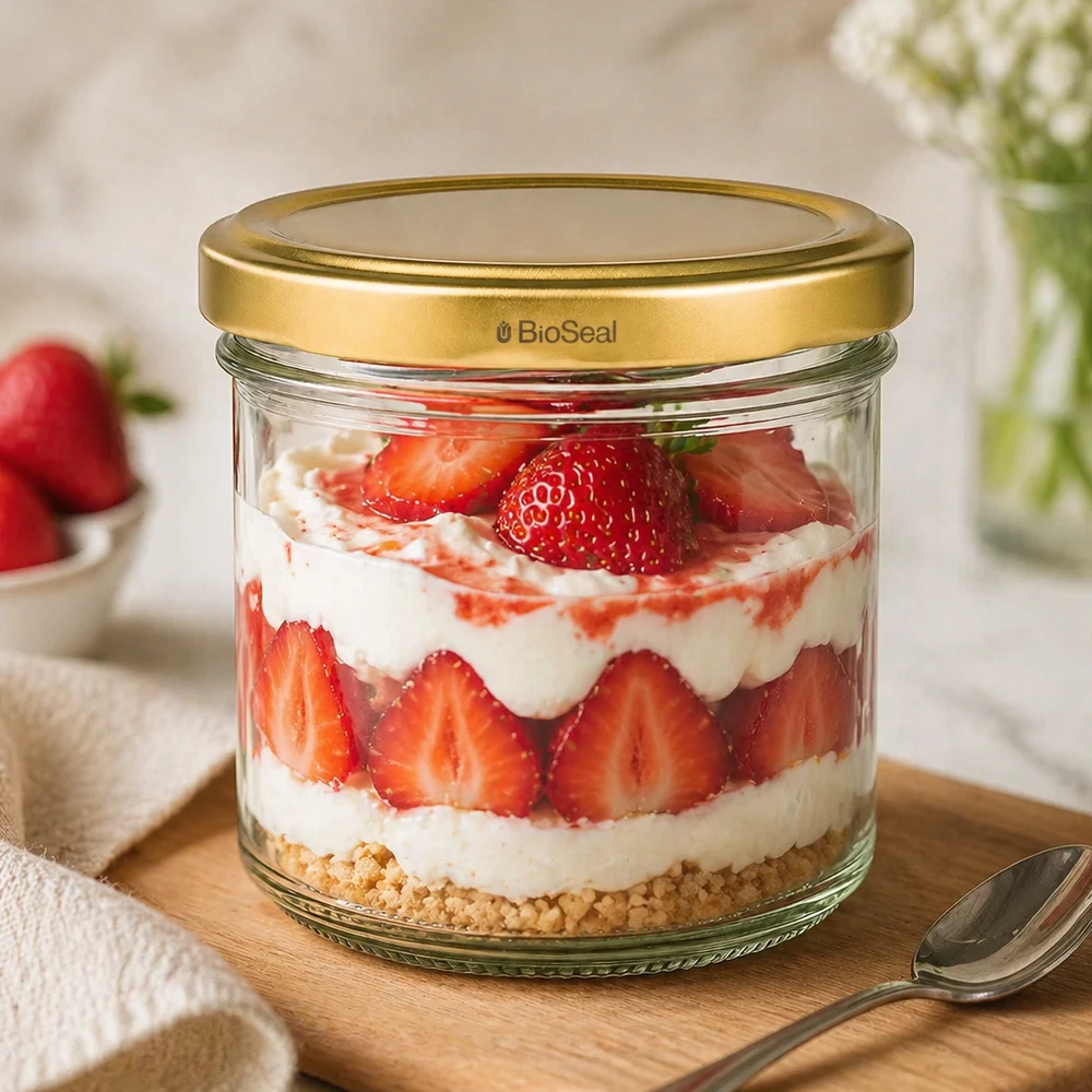 125ml bekers met BioSeal deksel goud UNiTWIST UNiTWIST 125ml dessertpot met aardbeien trifle - gouden TO66 deksel op houten plank met lepel en decoratie