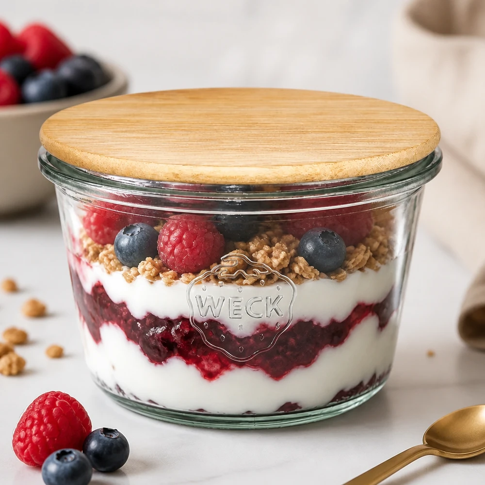 370ml stortglas WECK RR100 met hout deksel WECK RR100 bekers 370ml met bamboe deksel gevuld met gelaagde bessen muesli dessert - yoghurt granola frambozen