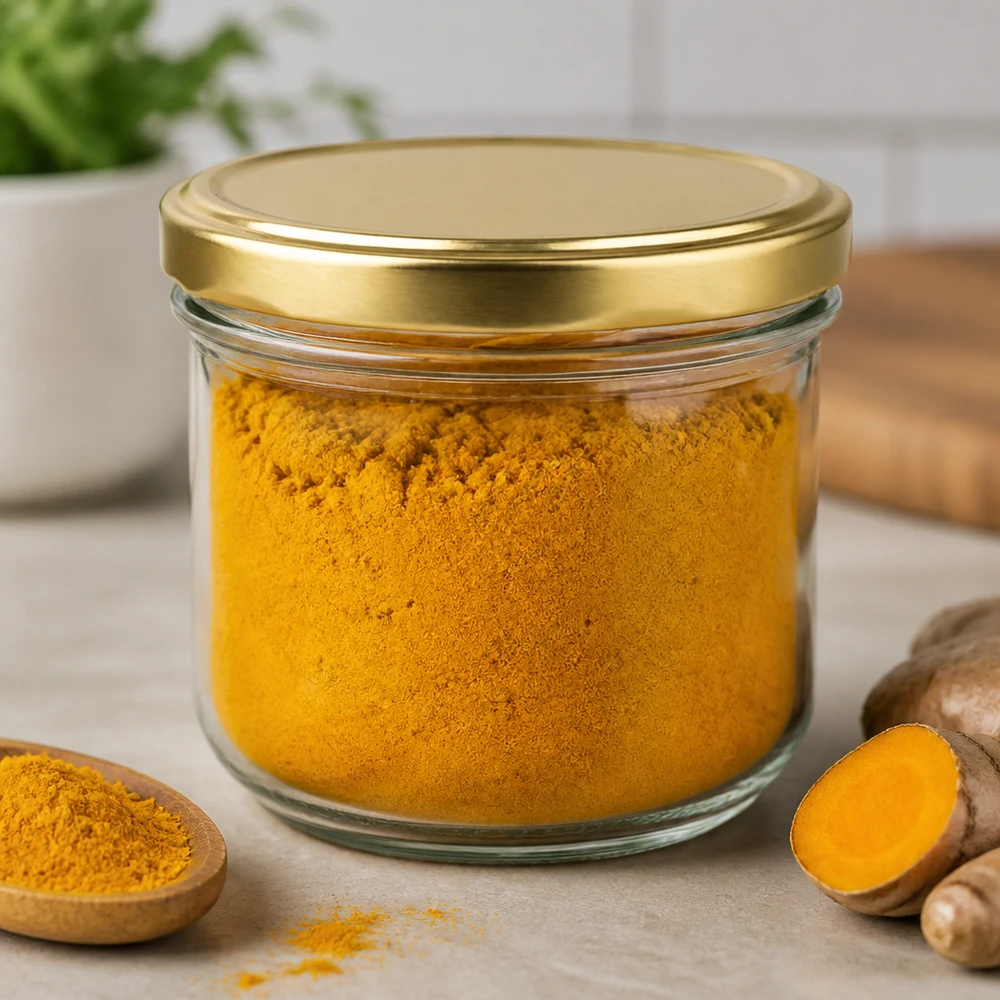 260 ml bekers gevuld met kurkumapoeder en BasicSeal deksel goud toont veelzijdig gebruik voor kruiden