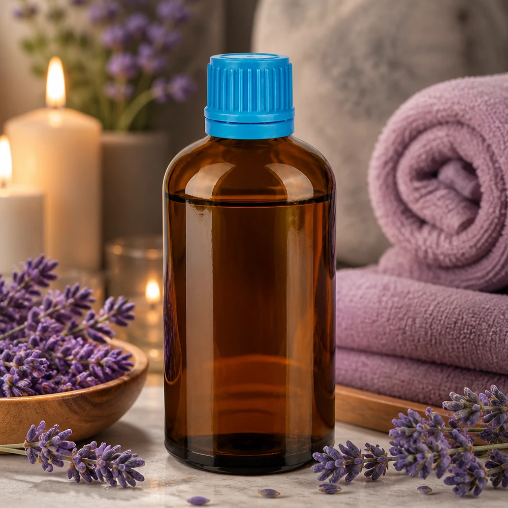 Veelzijdige 100ml amberkleurige glazen fles met blauw deksel voor wellness- en spabehandelingen