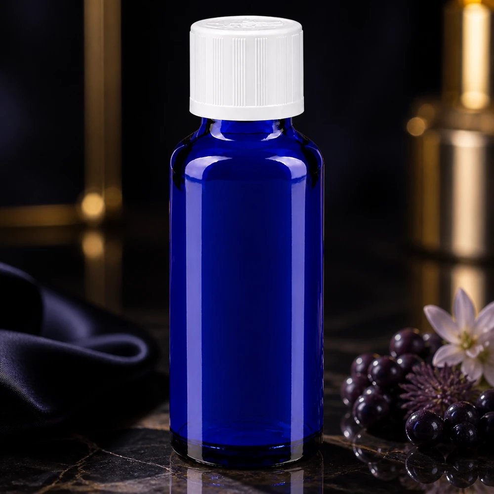 Cilindrische blauwe glazen fles van 30 ml met kindveilige witte dop op een stenen ondergrond