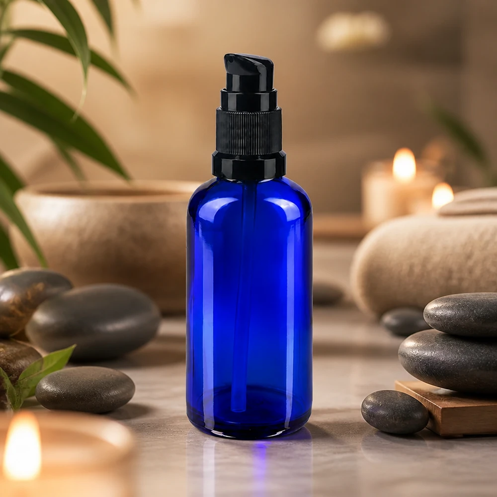 Blauwe glazen flessen 50ml met zwart pompsluiting Hoogwaardige blauwe lichtbeschermende fles van 50 ml met doseerpomp voor gevoelige actieve bestanddelen