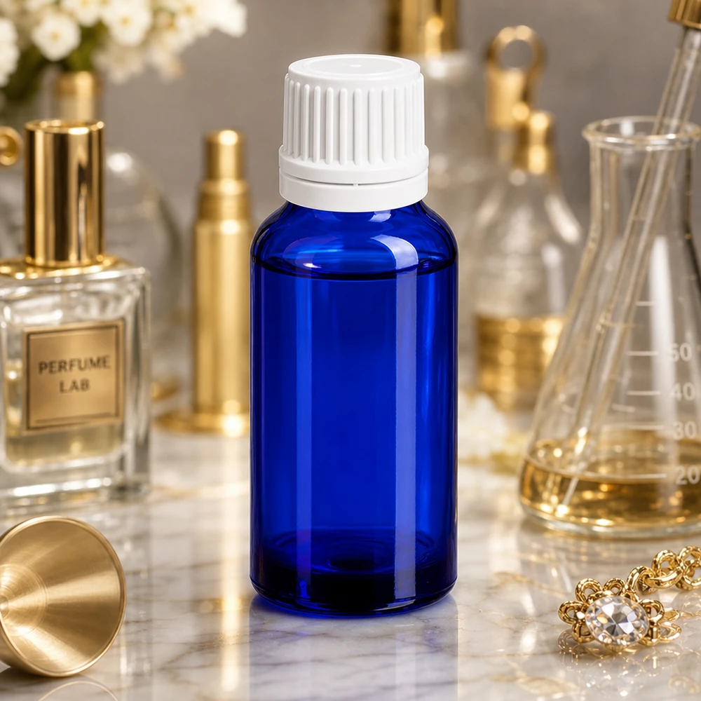 Compacte 20ml druppelflacon in elegant blauw met kindveilige UT18/20 schroefdraad