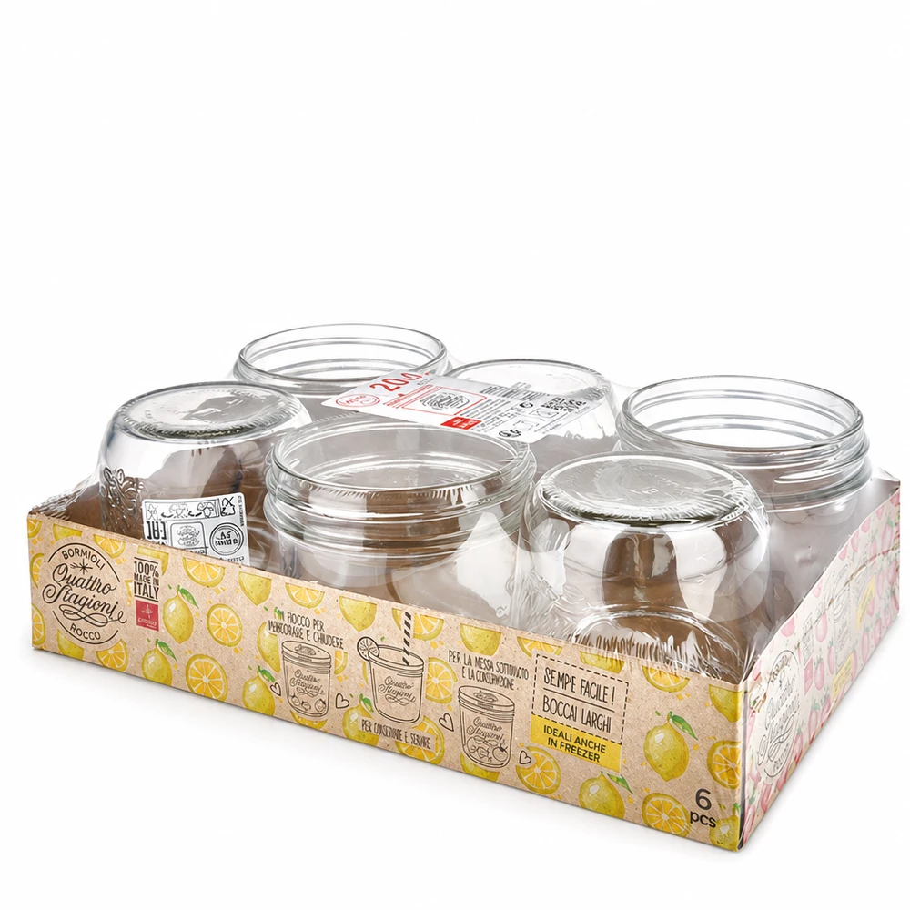 200ml "Quattro Stagioni" bekers met deksel 200ml inmaakpot Quattro Stagioni met deksel Set van 6 inmaakpotten uit Italië in gele verpakking