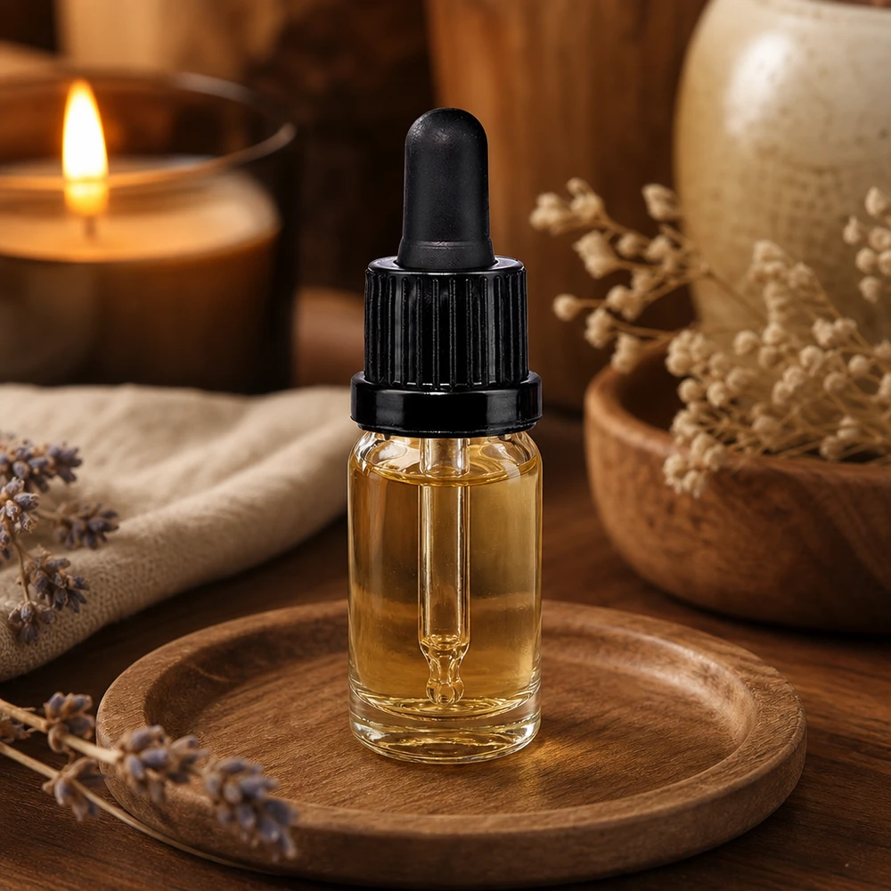 10ml pipetfles zwart OV ClearLine UT18/10 Doorzichtige pipetfles van 10 ml met zwarte rubberen zuiger op een houten dienblad in een wellness-sfeer