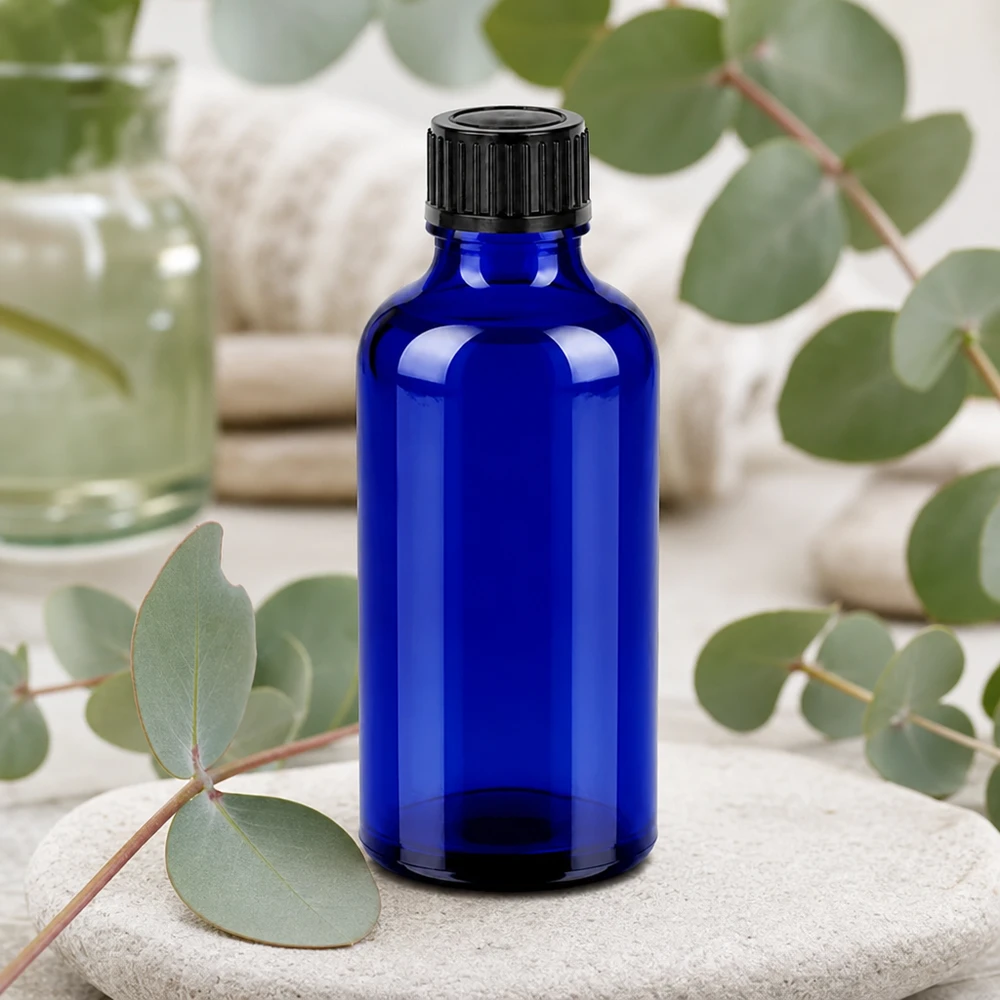 Lichtbeschermende glazen fles 50ml blauw met zwarte dop ideaal voor lichtgevoelige stoffen