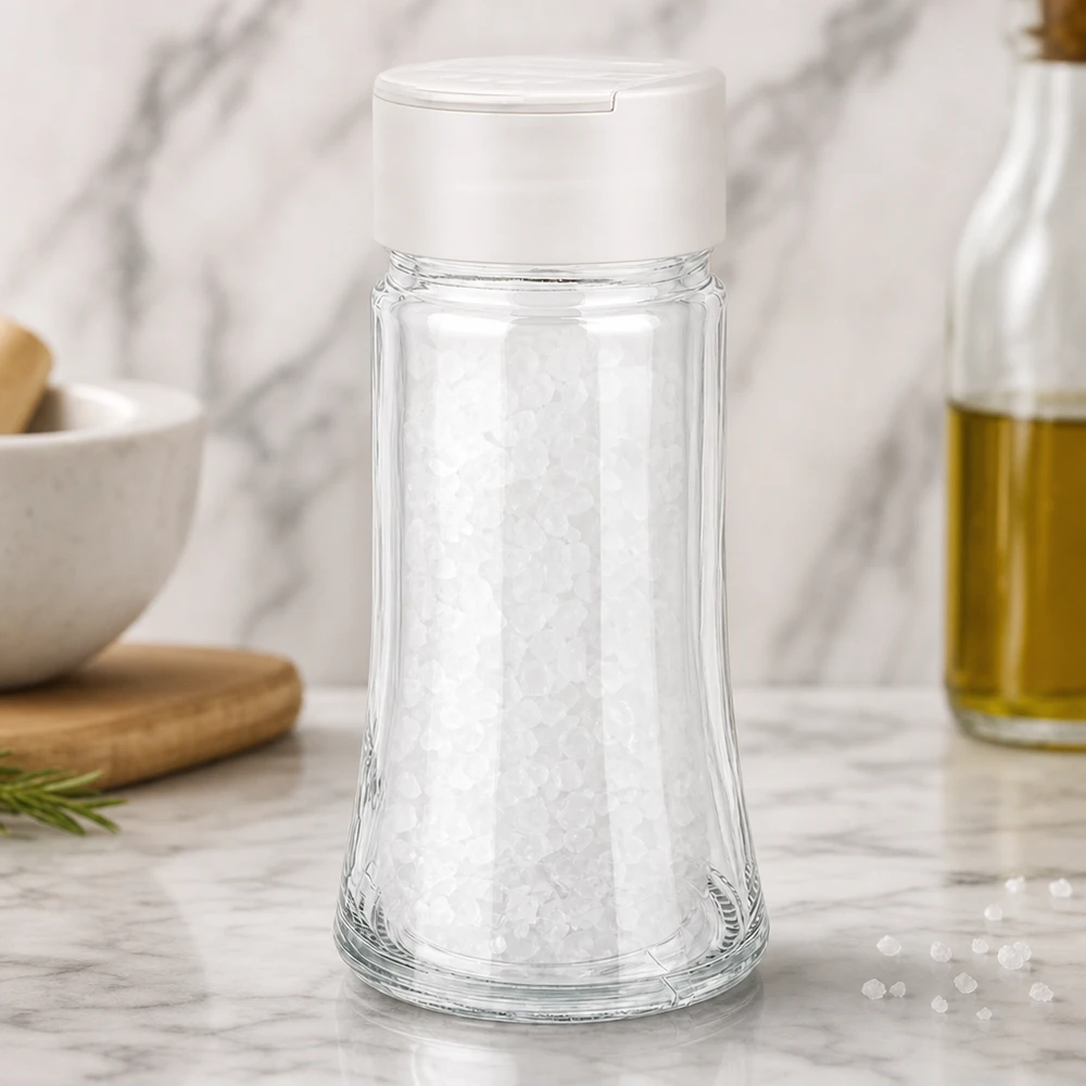 Zoutglas van 95 ml met witte dubbele strooier, gevuld met grof zeezout, op een marmeren onderzetter
