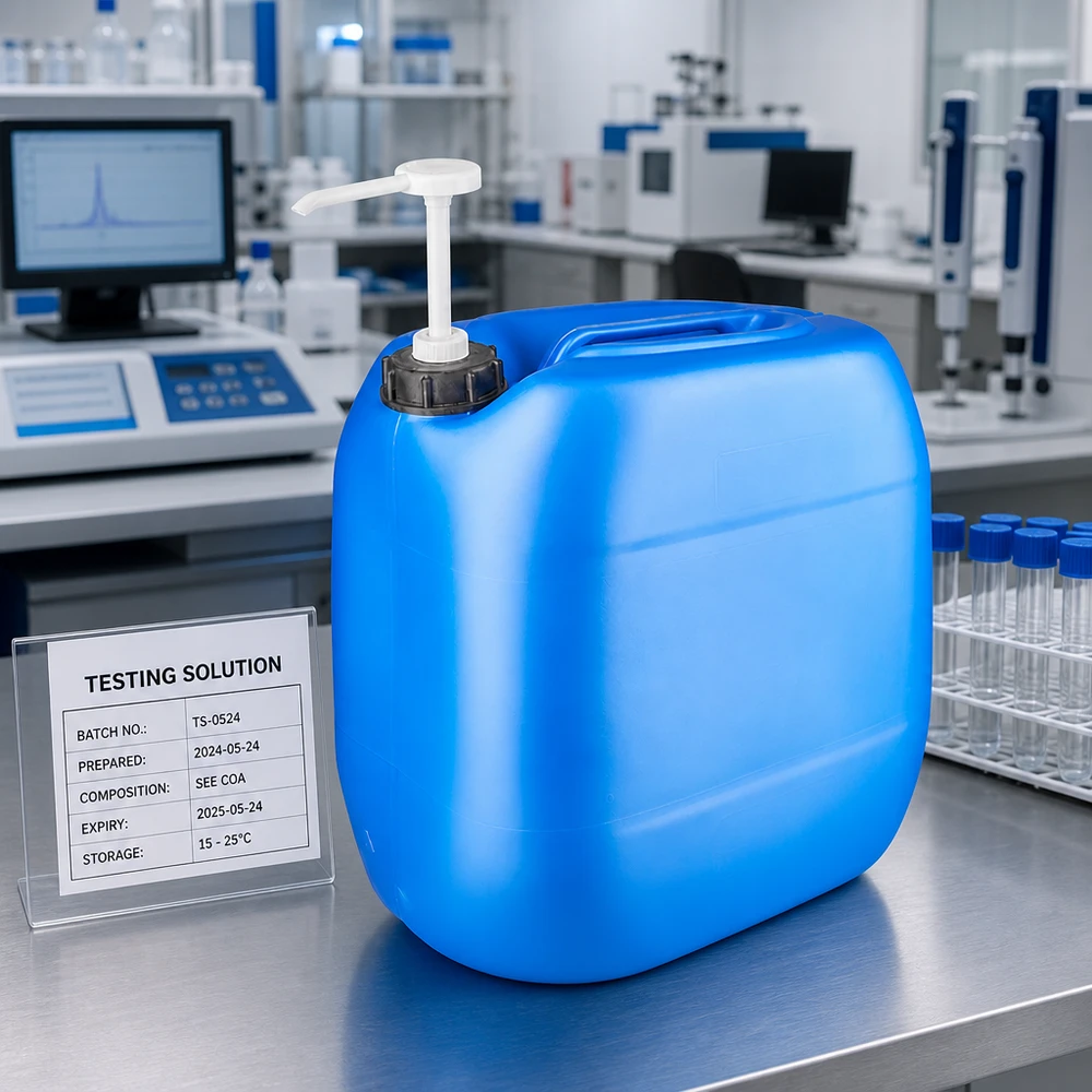 Blauwe chemicaliënkanister van 30 liter met doseerpomp en batch-markering in het analyselaboratorium