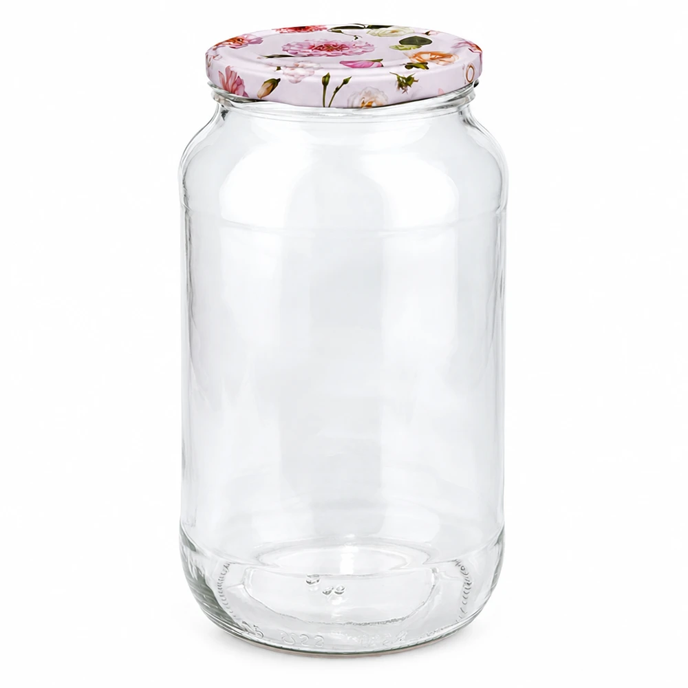 Ronde pot 1062ml met roze bloem deksel BasicSeal sluiting Voorraadpot Inmaakpot