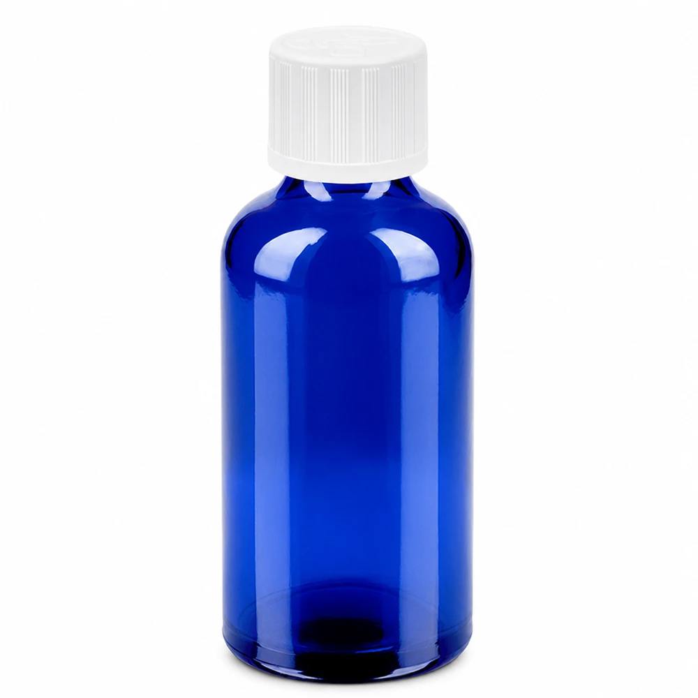 Compact 50ml flesje in kobaltblauw, ideaal voor op reis en om olie in te bewaren