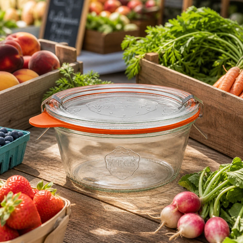 WECK beker 290ml RR100 met oranje rubberen ring tussen verse markt groenten Fruit om te bewaren