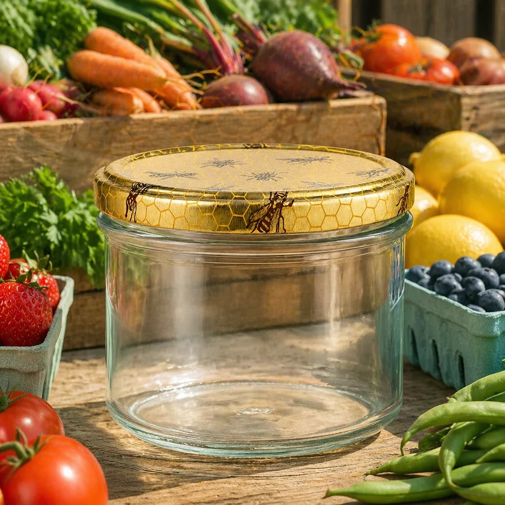 Honingpot van 250 g met honingraatdeksel omringd door verse groenten, fruit en bessen op een rustieke houten tafel