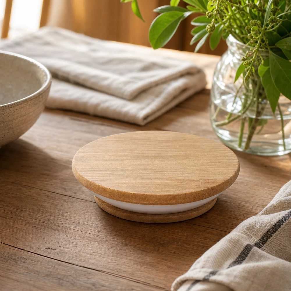 WECK houten deksel RR80 versie A Lifestyle opname op houten tafel met decoratie toont natuurlijke integratie in de woonomgeving