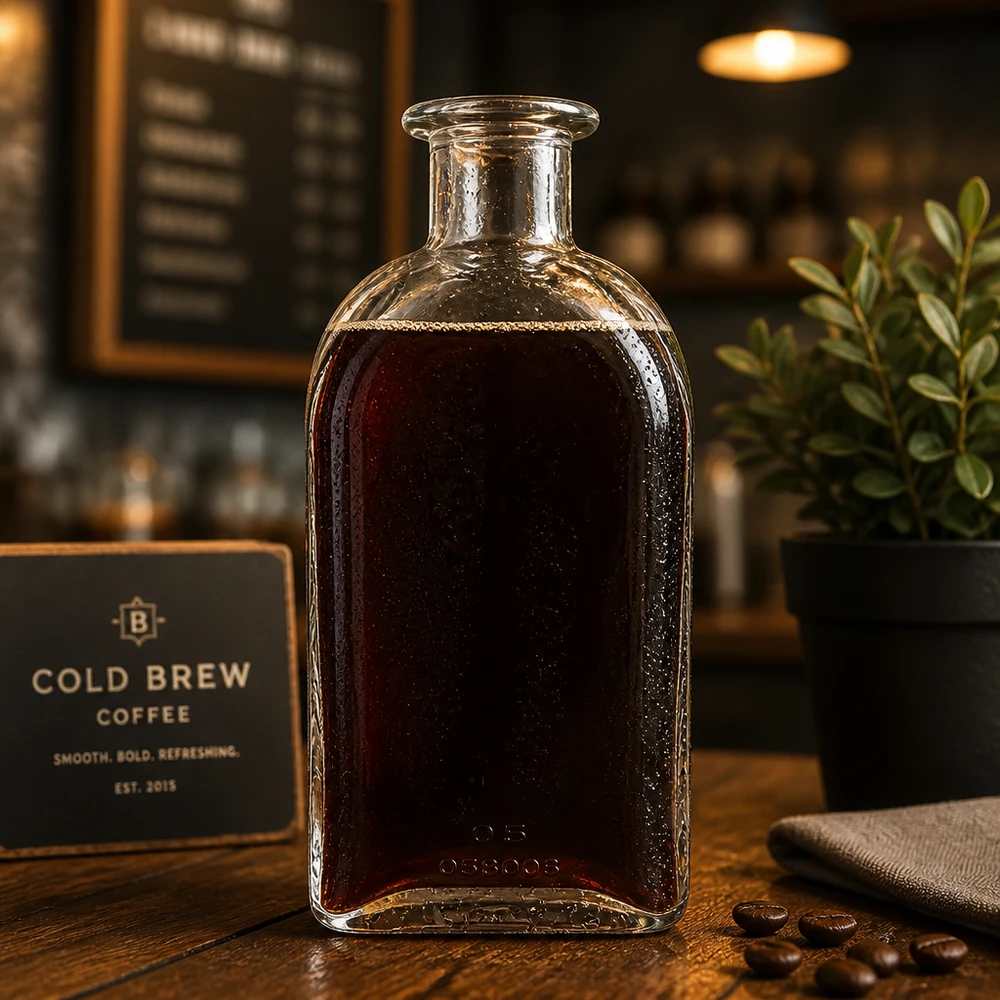 500ml Julia glazen fles gevuld met cold brew koffie in café sfeer met koffiebonen en stijlvolle presentatie