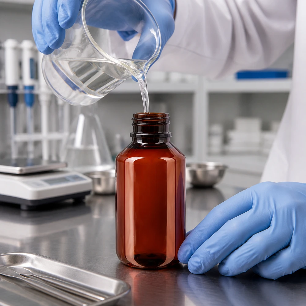 Kleine bernsteinfarbene Kunststoffflasche 100ml für Laborchemikalien beim fachgerechten Befüllen