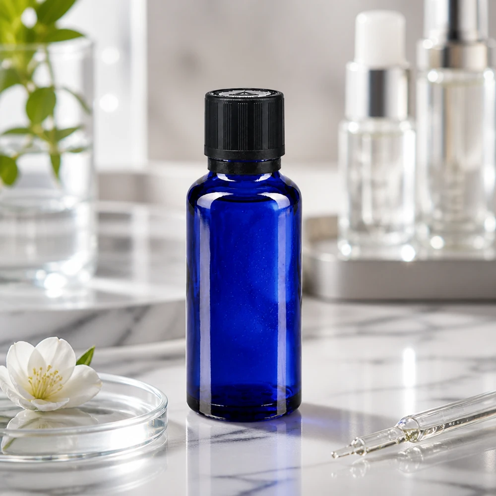 Blauw farmaceutisch glazen flesje van 30 ml met kindveilige zwarte dop tussen de cosmeticaflesjes