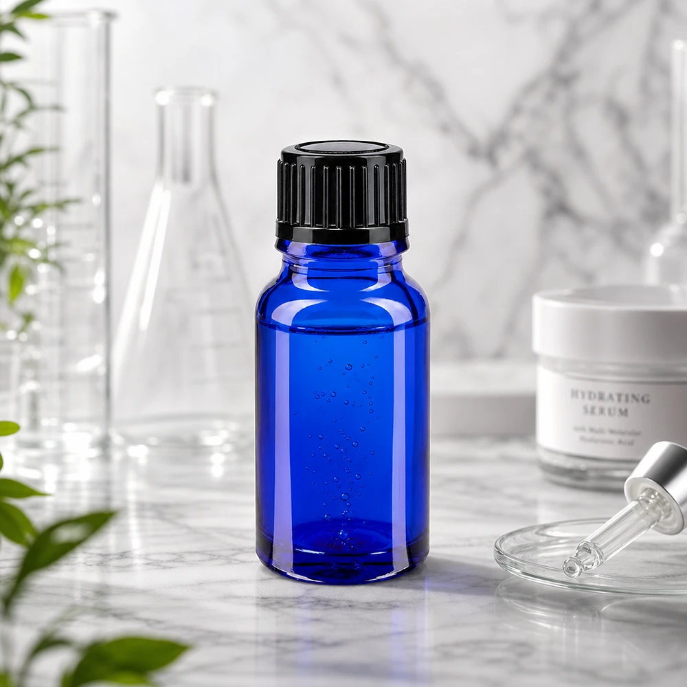Blauwe glazen flessen 10ml met zwart sluiting St Professionele blauwe apothekersfles van 10 ml, zwart SV, voor het afvullen van serum en laboratoriumgebruik