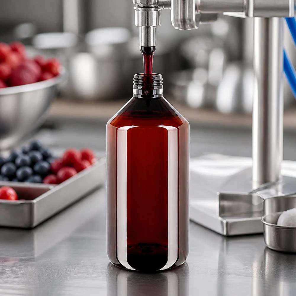 PET-fles 750ml PP28 zonder dop Amberkleurige PET-fles van 750 ml, type PP28, in een productieomgeving met roestvrijstalen machines