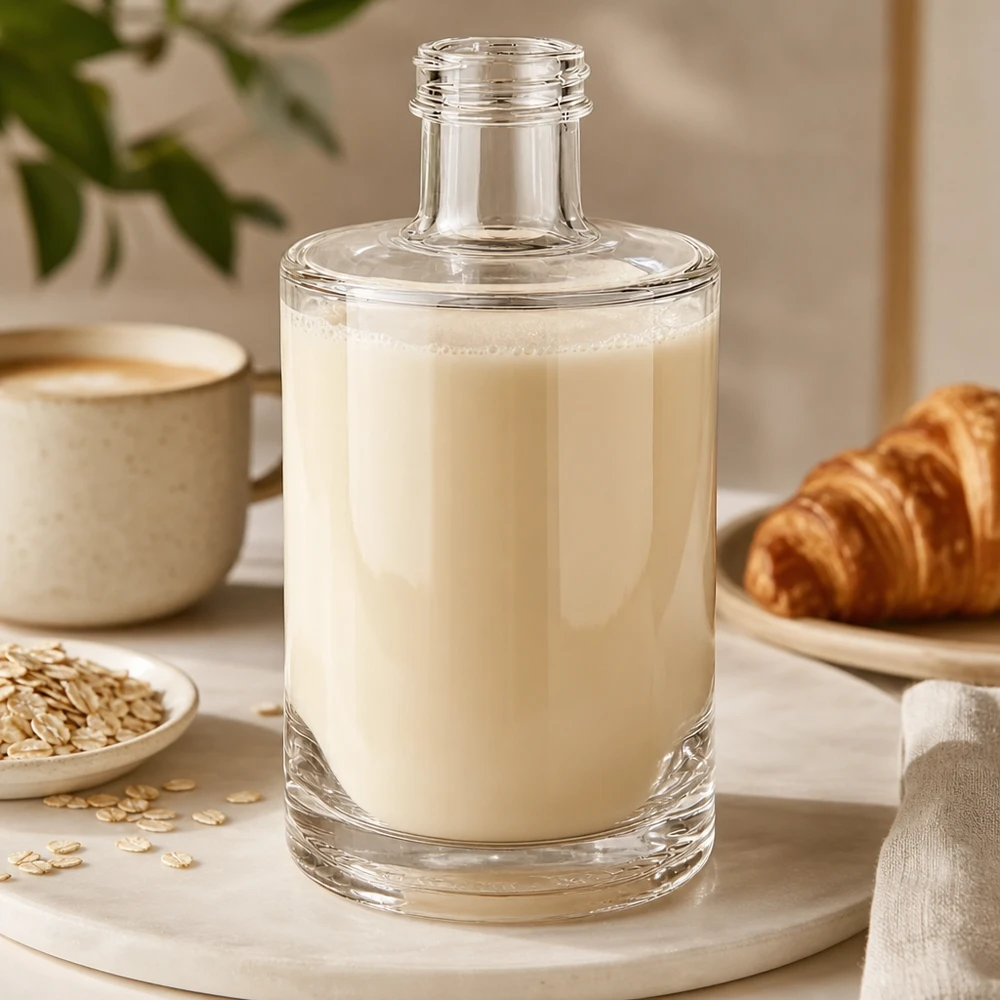 375 ml glazen fles Sam gevuld met romige havermelk naast croissant en koffiekopje op houten plank