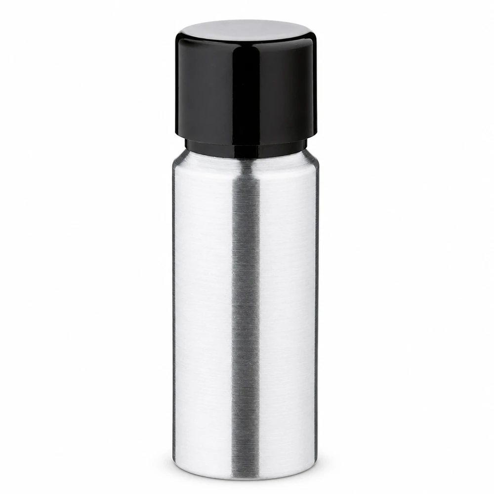 20 ml aluminium fles geslepen incl. schroefdop zwart met conusafdichting Cilindrische aluminium fles van 20 ml met elegant ontwerp en praktische schroefdop