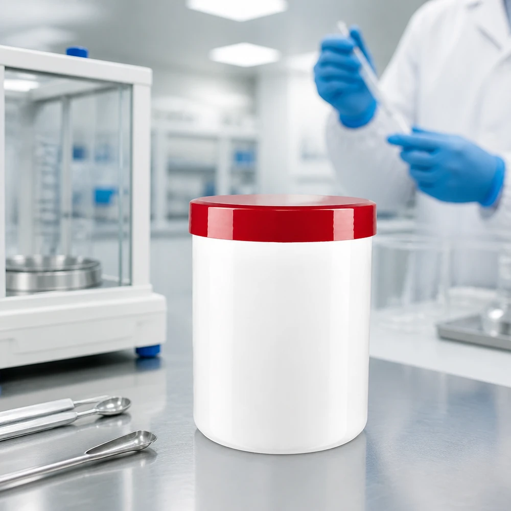 Stevige kunststof kruik van 500 g met kindveilige rode schroefdop voor apotheken en laboratoria