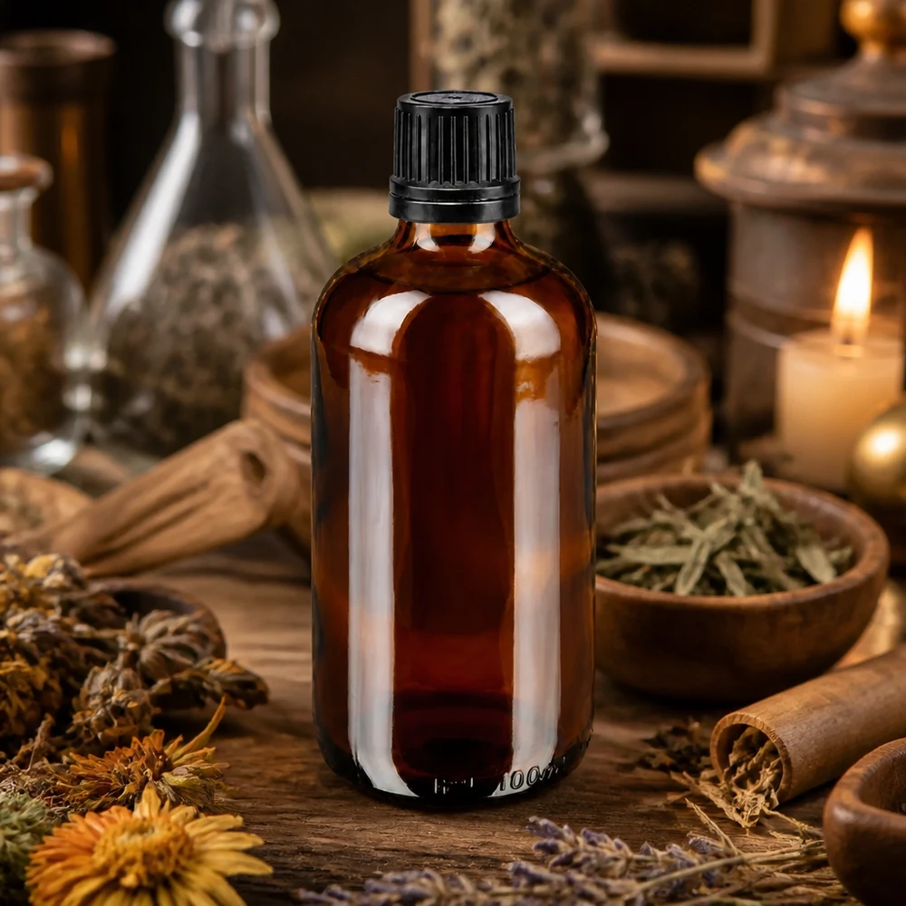 Bruine glazen fles 100ml met zwart druppelsluiting 1mm VR Kleine bruine glazen fles van 100 ml met een druppelaar van 1 mm in een natuurgeneeskundige omgeving