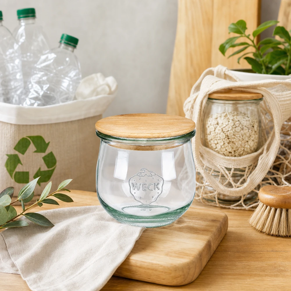 WECK tulpenpot 370ml RR80 met houten deksel in duurzame zero-waste keuken met gerecycled keukengerei en natuurlijke decoratie