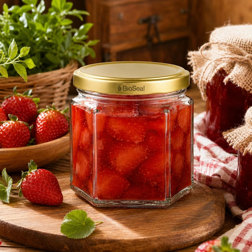 UNiTWIST Hexa47 Glasgefäß mit goldenem BioSeal Deckel für hausgemachte Erdbeermarmelade neben frischen Erdbeeren