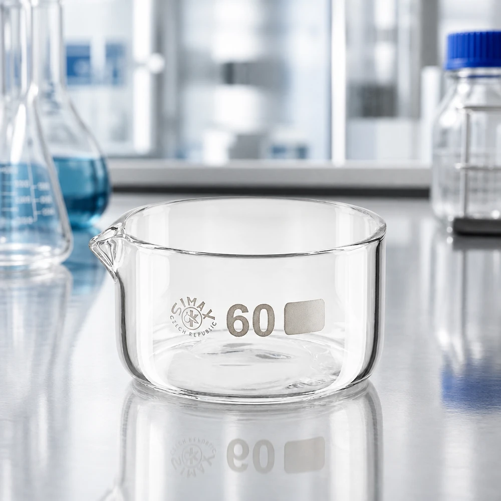 Kristalliseerschaal 60ml met schenktuit 60 ml kom van borosilicaatglas, laboratorium, kristallisatie, schenktuit, brede opening, ø 60 mm, plat, transparant
