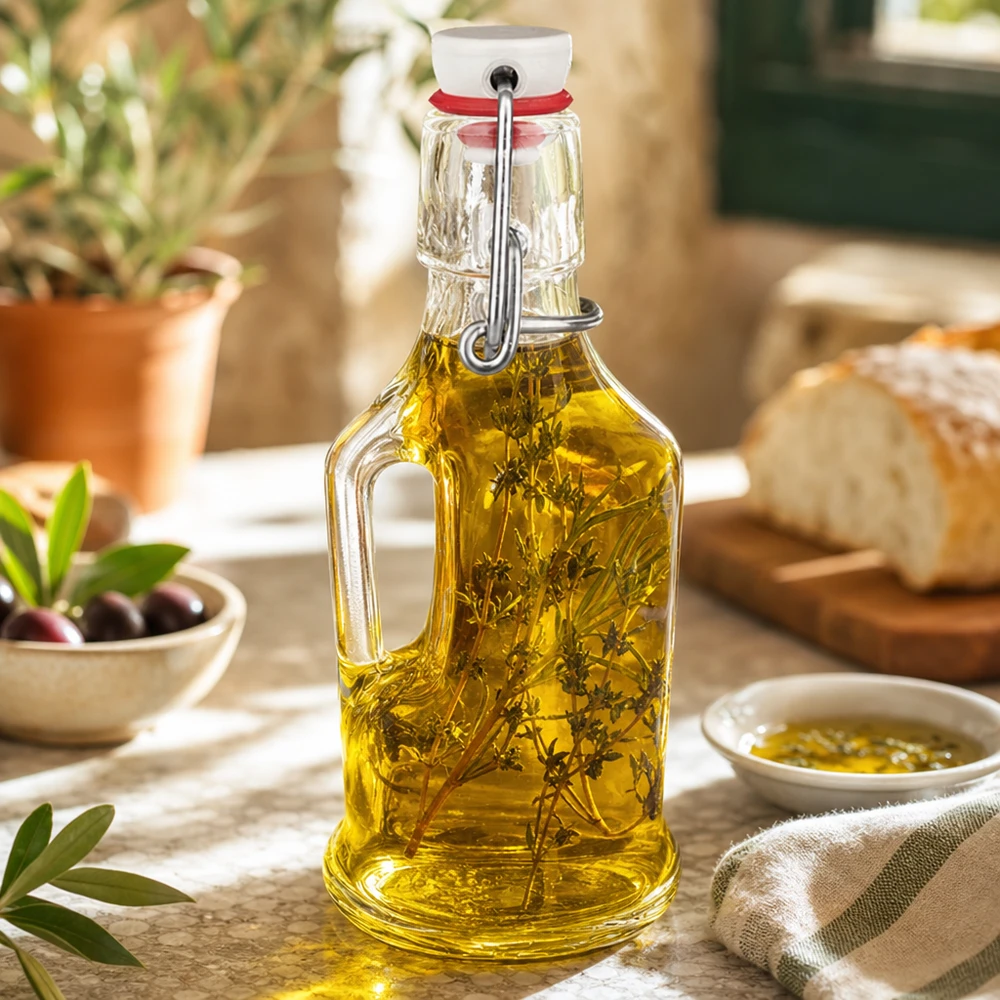 200 ml glazen fles Bertha en porseleinen beugelsluiting UNiTWIST® Glazen fles Bertha 200ml gevuld met kruidenolie mediterraan keukentafereel olijfbrood klapdeksel UNiTW