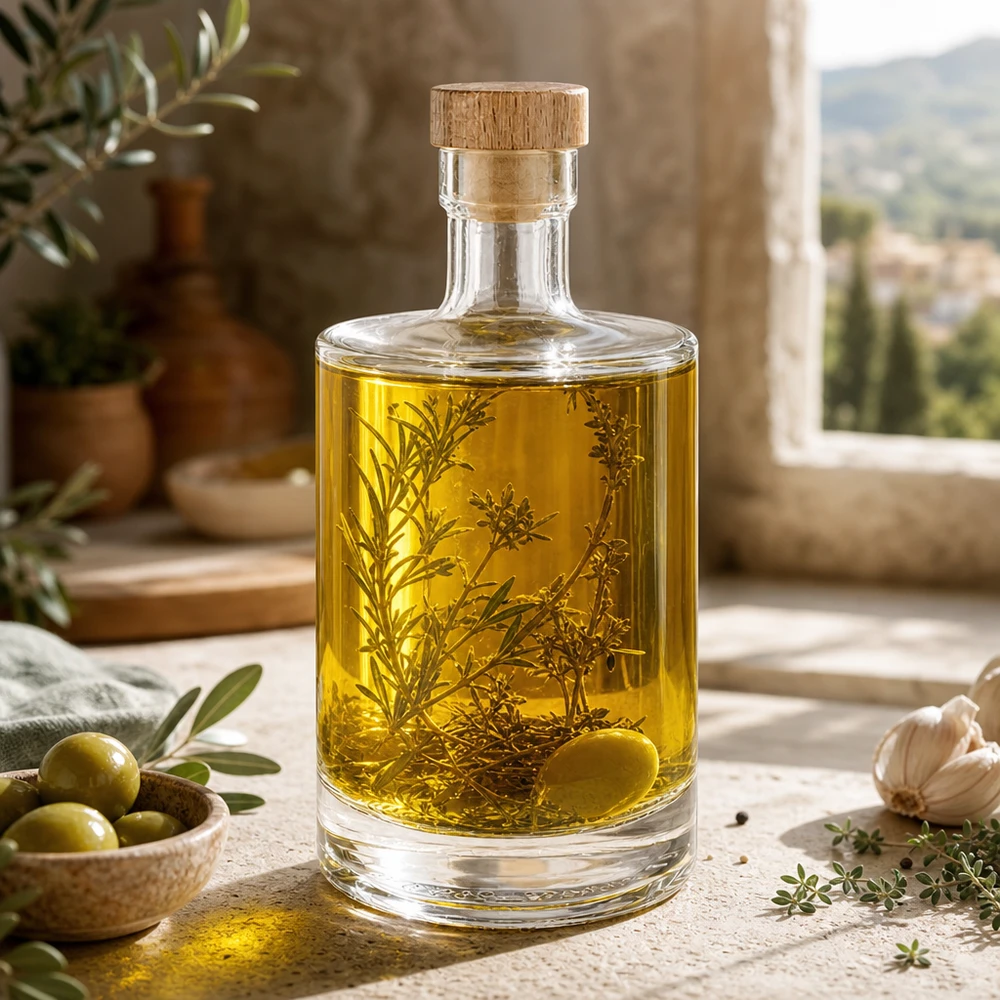 500 ml glazen fles 500ml Glasflasche "Marie" mit Holzgriff-Korken UNiTWIST met houten handgreep UNiTWIST® 500ml Glasflasche Marie mit Kräuteröl befüllt - Holzkorken UNiTWIST - mediterrane Küchendeko mit Oliven und Rosmarin
