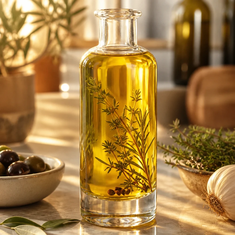 200 ml glazen fles Ella zonder sluiting UNiTWIST® 200ml Glasflasche Ella mit Kräuteröl und Rosmarin befüllt zeigt elegante Küchennutzung für aromatisierte Öle
