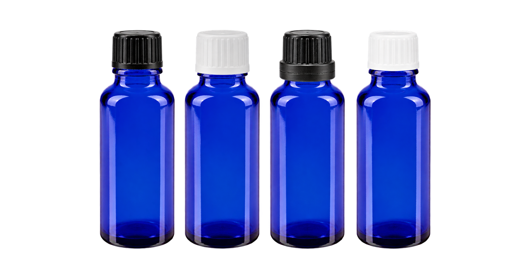 Blauwe flessen met schroefdop