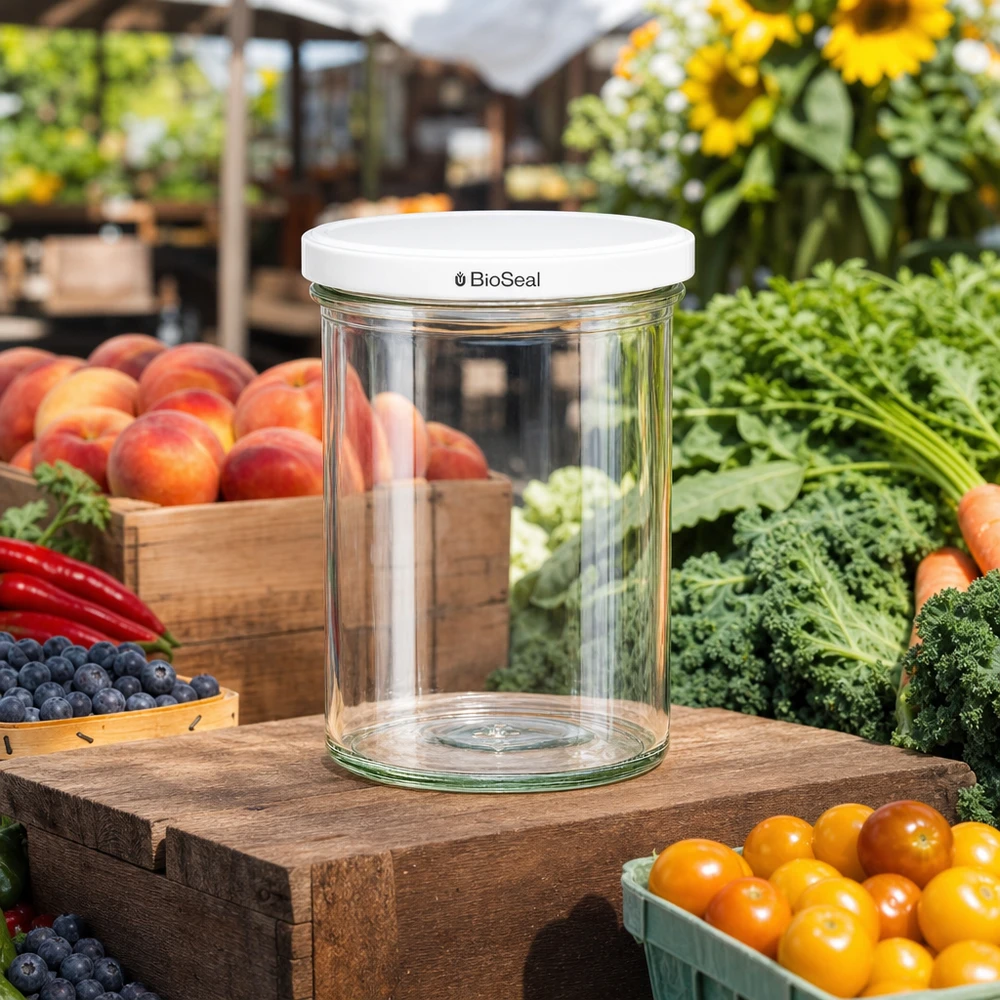 435ml bekers met BioSeal deksel wit UNiTWIST UNiTWIST bekers 435ml leeg op houten tafel tussen vers fruit en groenten laat veelzijdig gebruik in de tuin zien