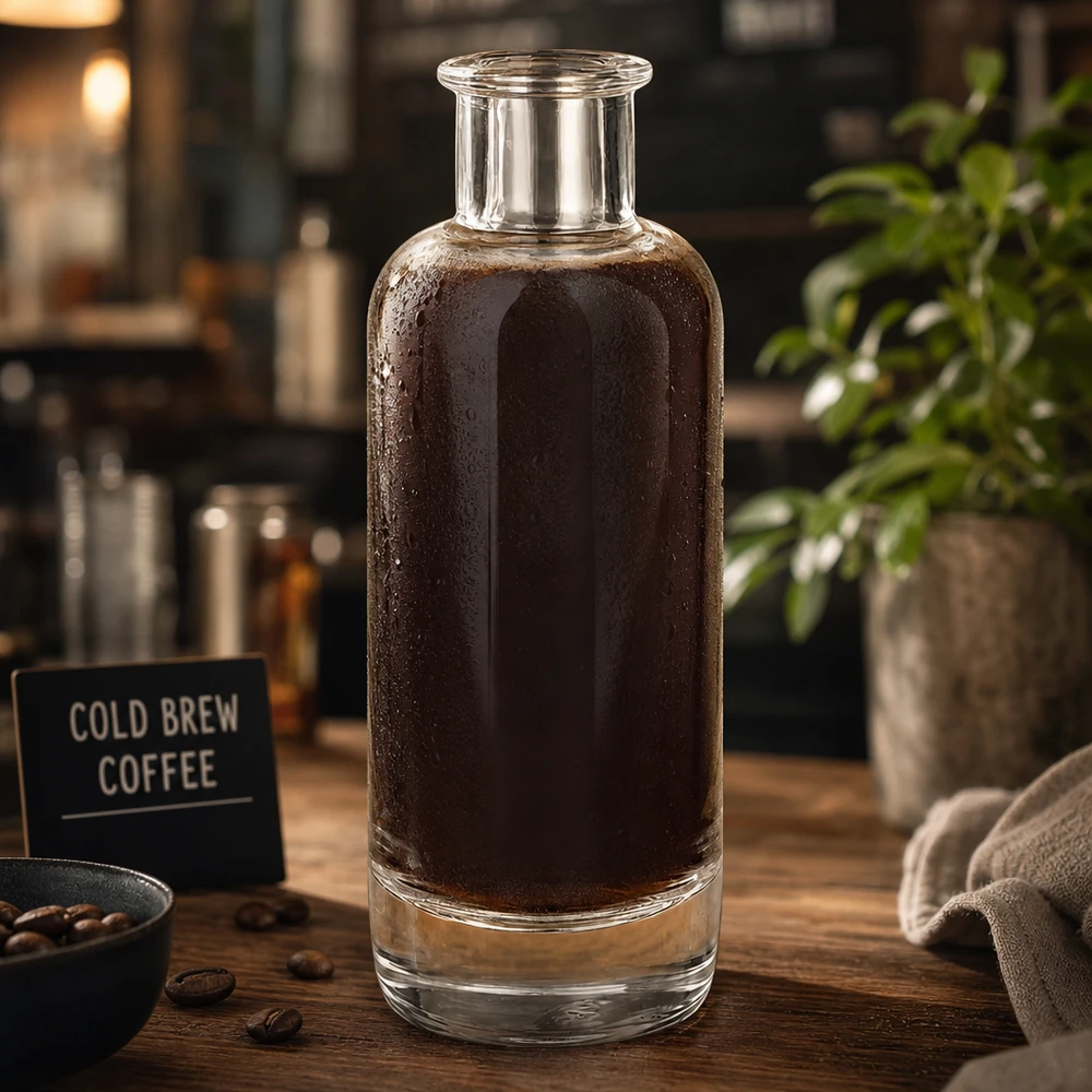 200 ml glazen fles Ella zonder sluiting UNiTWIST® 200 ml glazen fles Ella gevuld met cold brew koffie in café sfeer toont gebruik voor koffiedrankjes