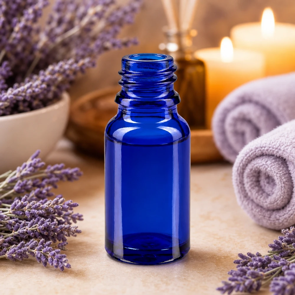Klein blauw glazen flesje 10ml met praktische opening voor het nauwkeurig doseren van vloeistoffen