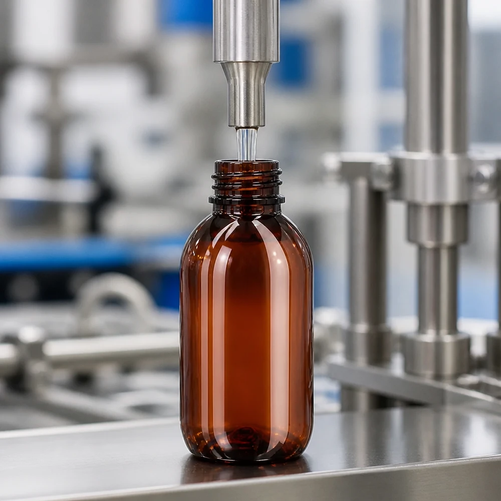 Braune PET Kunststoffflasche 250ml mit Schraubverschluss-Gewinde in Pharmaproduktion