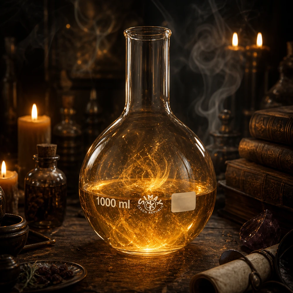 Klassieke rondbodemkolf 1000ml in traditionele laboratoriumuitrusting met antieke boeken