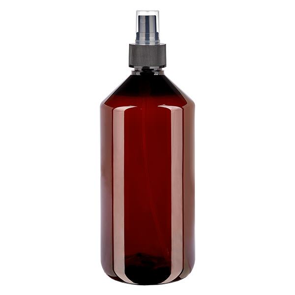 1000 ml PET medicijnfles met verstuiver zwart GCMI 28/410 incl. dop transparant, standaard 1000 ml PET medicijnfles met verstuiver zwart GCMI 28/410 incl. dop transparant, standaard