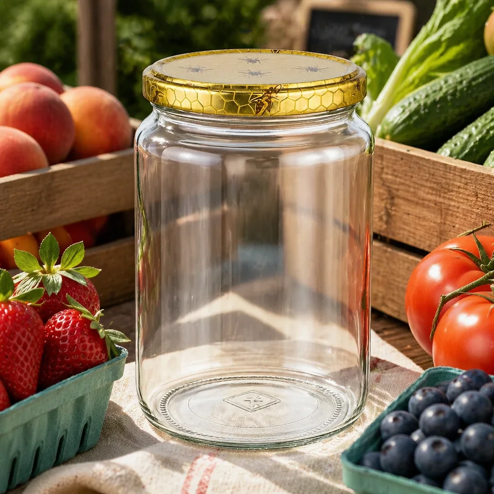 Honingpot 1000 g met deksel met honingraatmotief BasicSeal UNiTWIST 1000g honingpot met honingraatdeksel omringd door vers fruit en groenten in houten kratten rustiek markttafereel
