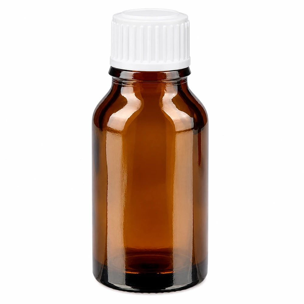Bruine glazen fles 15ml met wit schroefsluiting St Apotheekflesje van bruin glas, 15 ml, met UV-bescherming en witte schroefdop