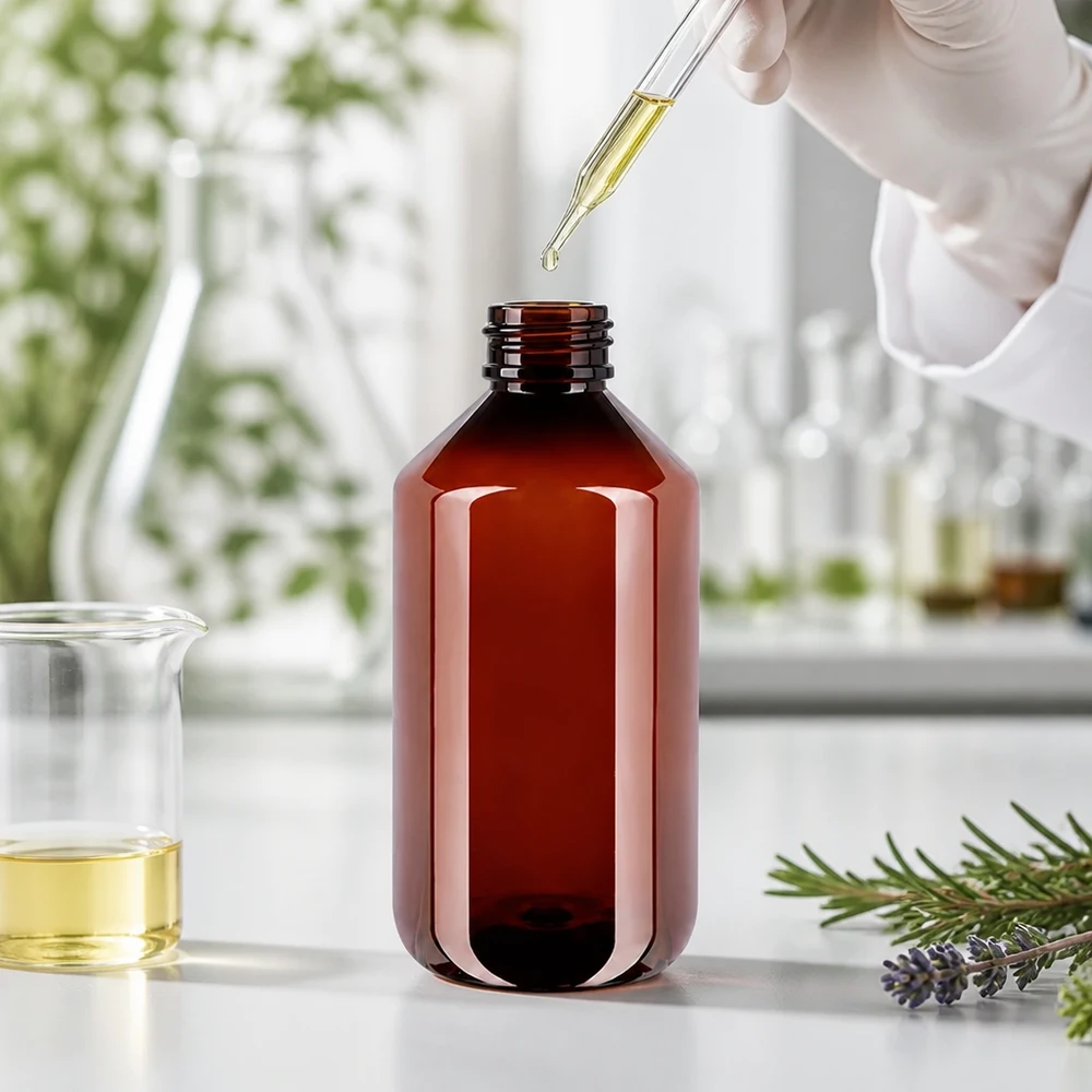PET-fles 500 ml met witte klapdop Stevige ronde PET-fles van 500 ml in bruin voor cosmetische oliën en plantaardige extracten