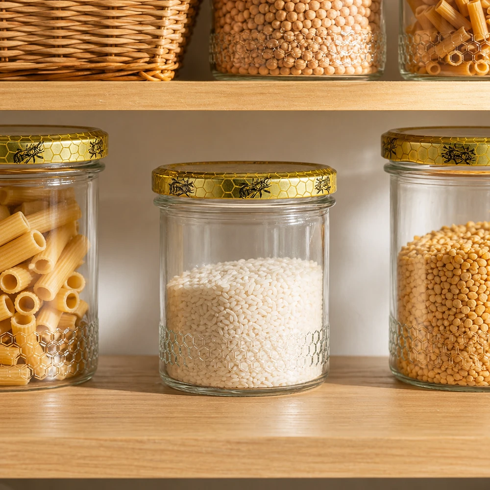 400 ml honingpot met honingraatdeksel in georganiseerde voorraadkast keuken, voorraadkast organisatie met pasta en ontbijtgranen