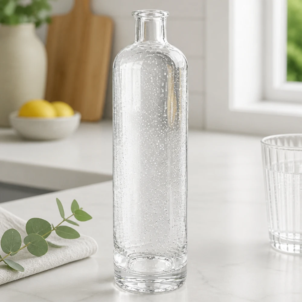 500 ml glazen fles Ella zonder sluiting UNiTWIST® 500ml Glasflasche Ella mit Sprudelwasser gefüllt elegante Küchenszene Bubbles sichtbar stilvolle Tischdekoration