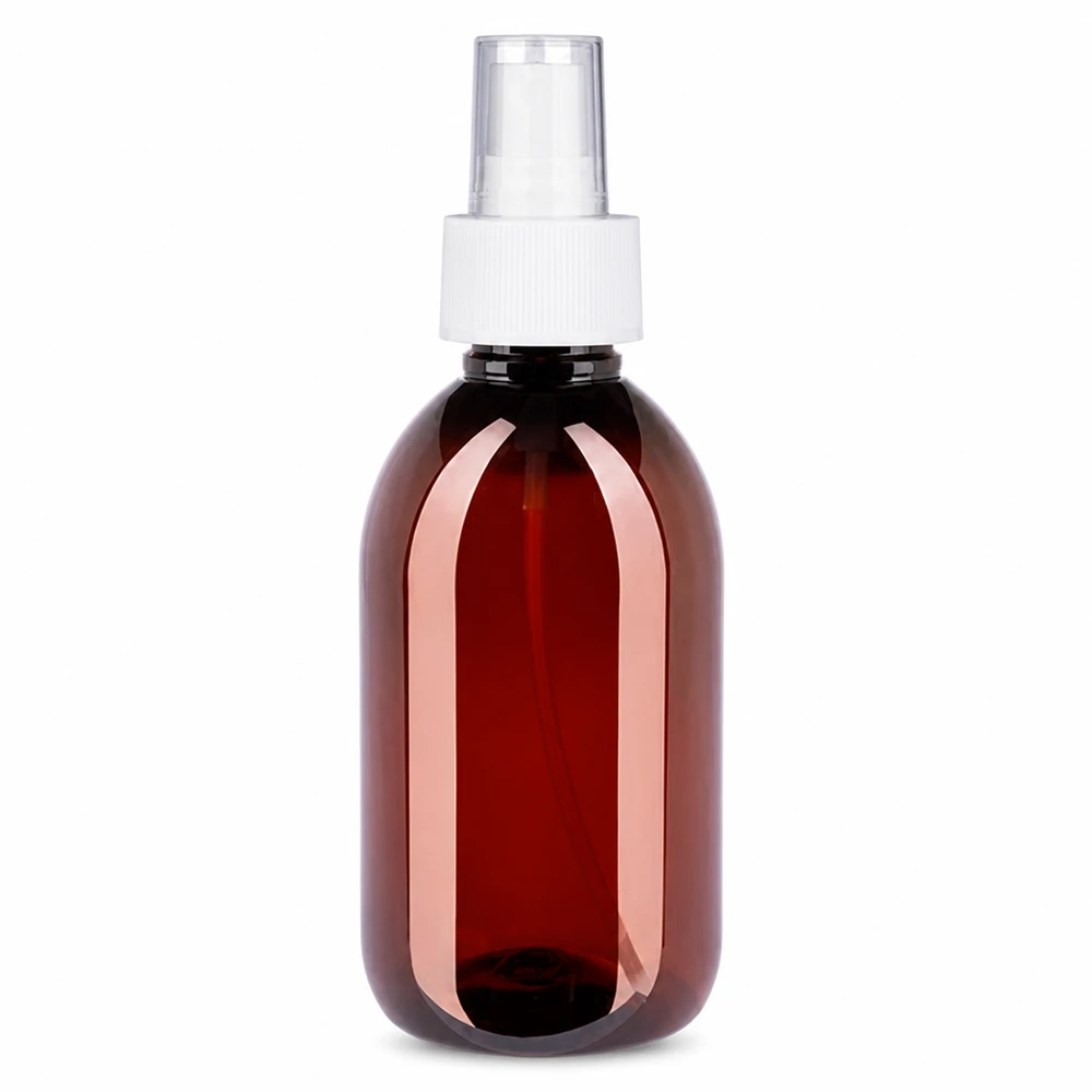 250 ml PET medicijnfles met verstuiver wit GCMI 28/410 incl. dop transparant, standaard Leere Sprühflasche 250ml aus PET in Braun mit weissem Zerstäuberverschluss