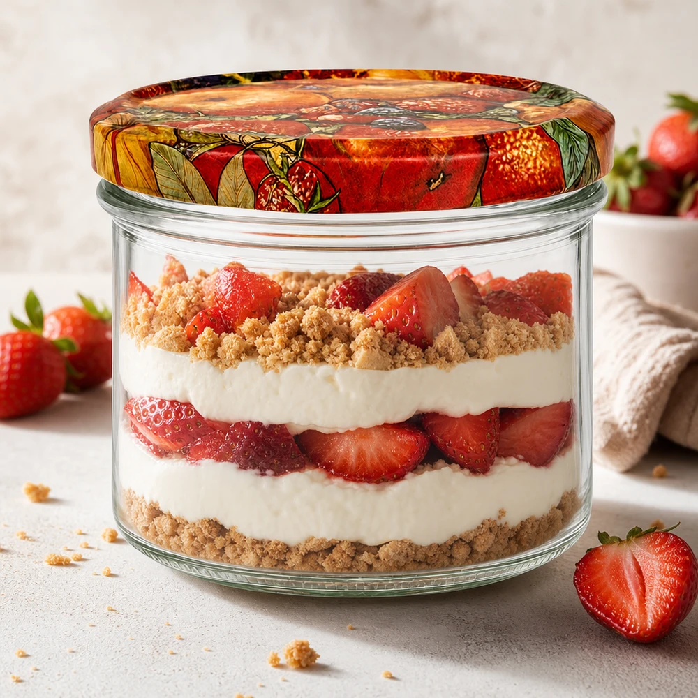 225 ml bekers fruitdecor gevuld met romig aardbeien gelaagd dessert, dessertglas voor tiramisu en parfait