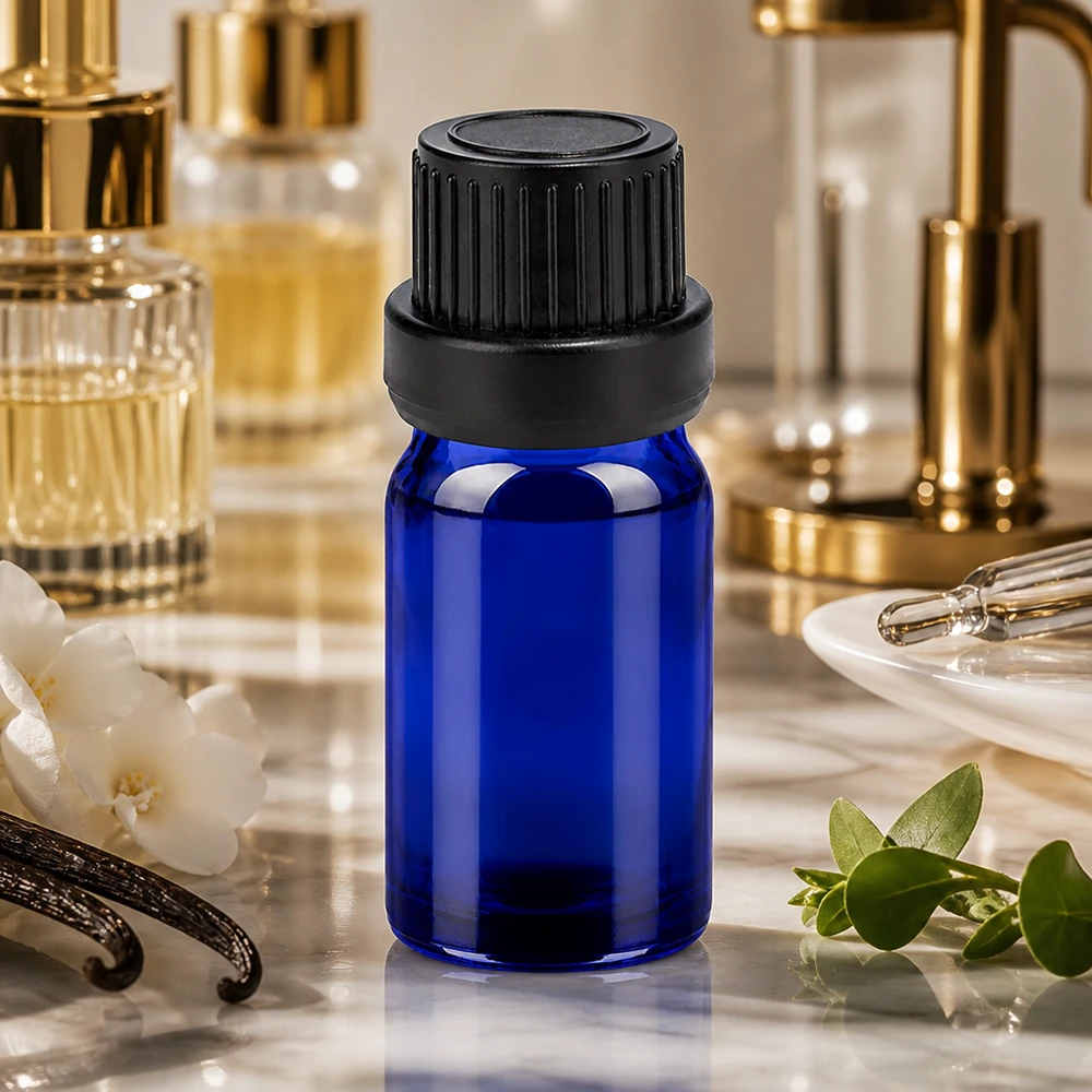 5ml 11mm SV zwart OV BlueLine UT18/5 5ml blauw glazen flesje met kindveilige zwarte dop perfect voor doe-het-zelf cosmetica