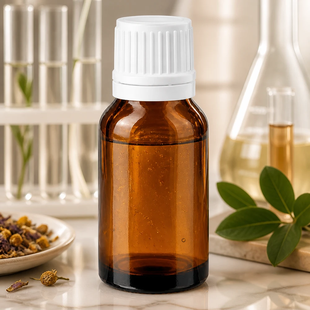 Bruine glazen fles 30ml met wit schroefsluiting VR Compacte apothekersfles van bruin glas van 30 ml met een witte OV-dop, naast groene plantentakjes