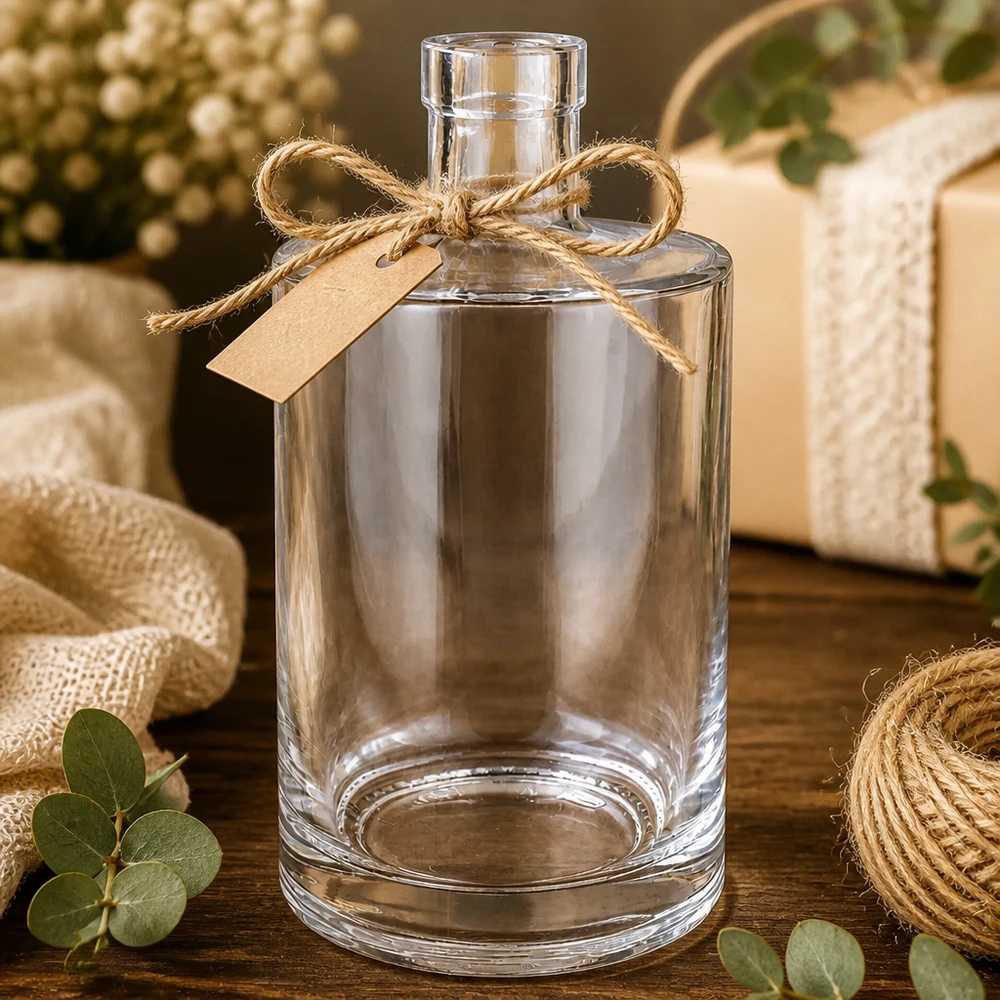 700 ml glazen fles Marie geschenkverpakking met jute strik en rustiek kraftpapier label